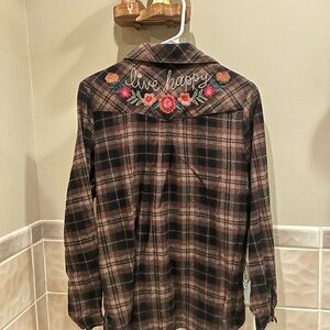 NATURAL LIFE Black and Brown Plaid Shirt with Floral Embroidery